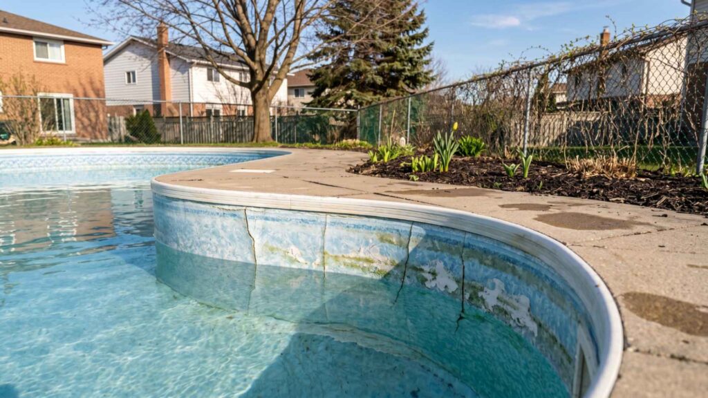 Backyard pool in Ottawa with cracked, faded liner in early spring