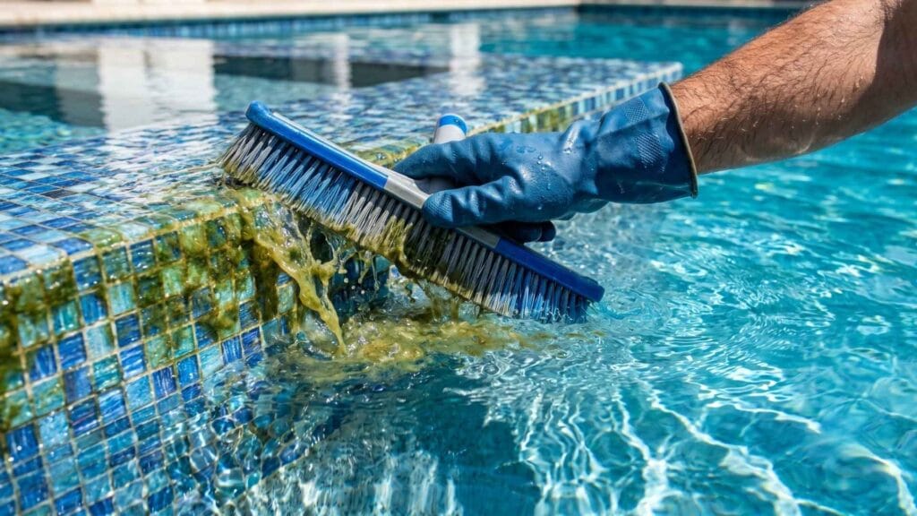 Brushing algae off swimming pool wall