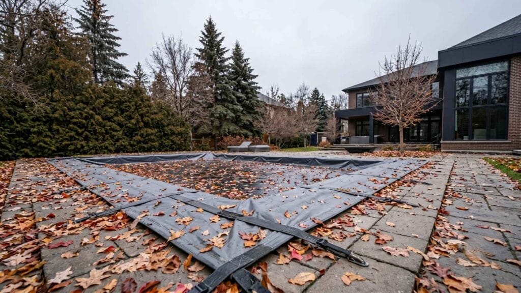 Covered backyard pool in Ottawa autumn