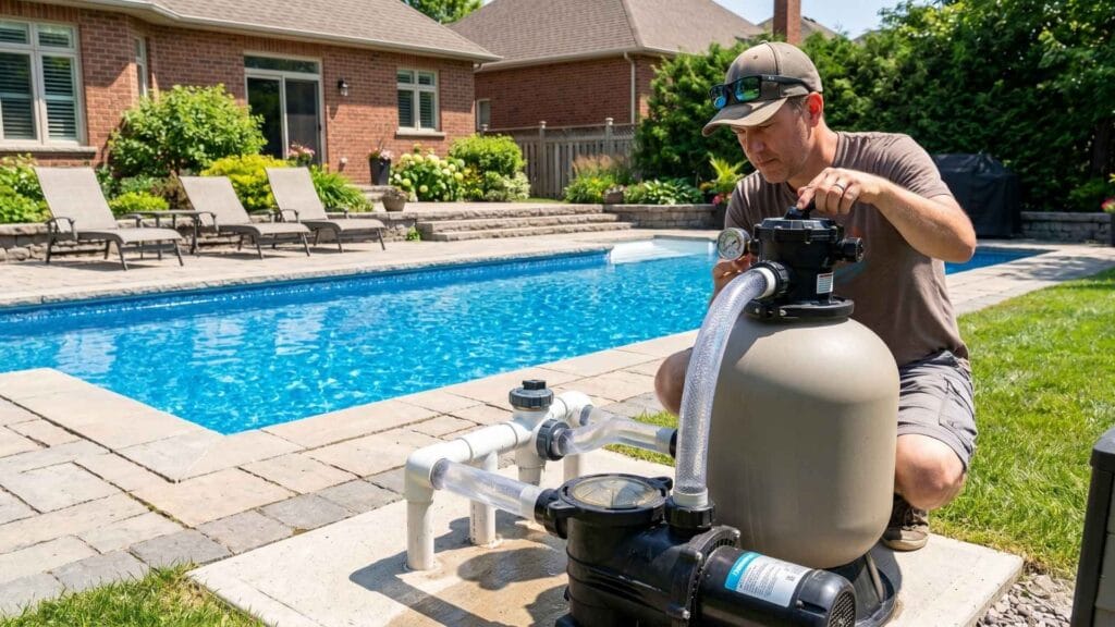 Homeowner checking pool sand filter gauge