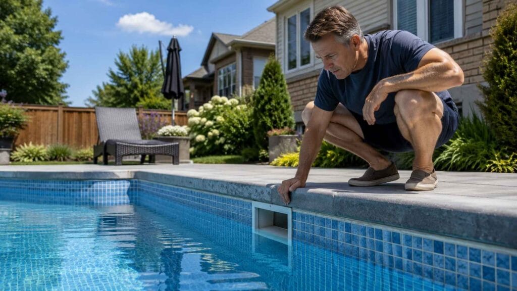 Homeowner inspecting low pool water level
