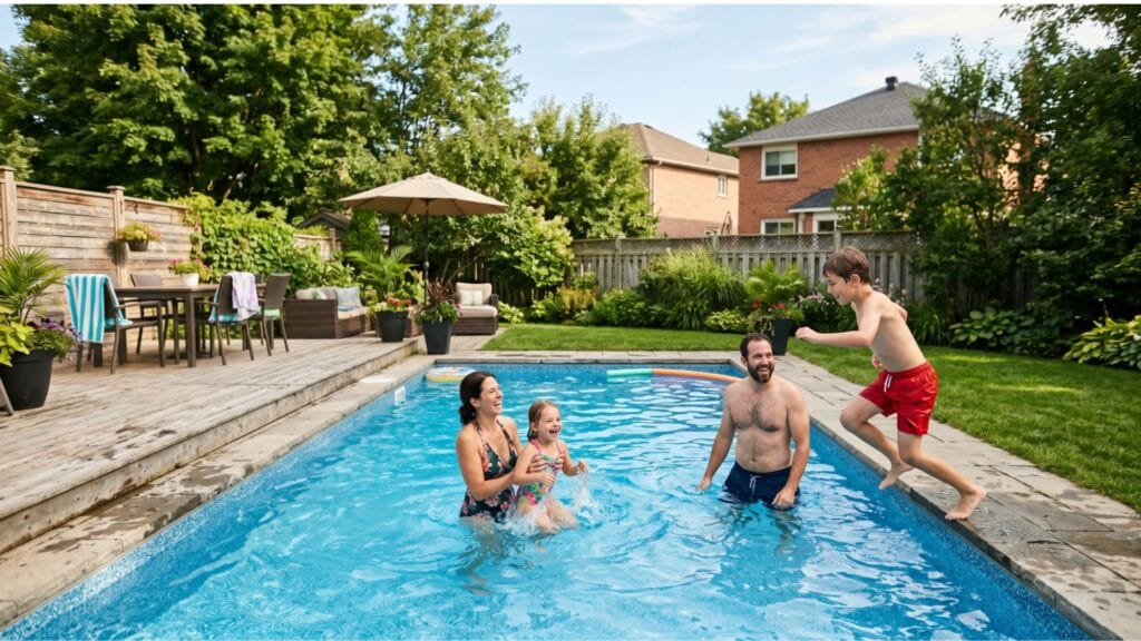 Ottawa family enjoying clean backyard pool on sunny summer day