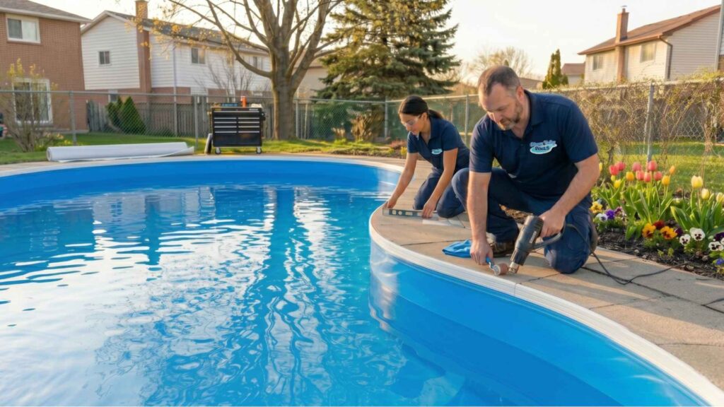 Pool installation team fitting new blue vinyl liner in Ottawa backyard