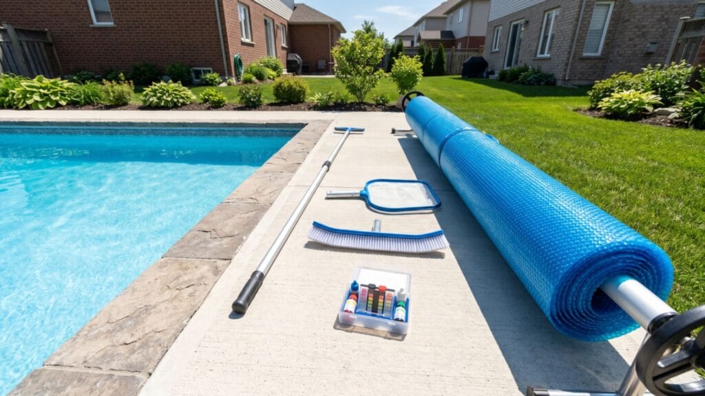 Pool maintenance tools set beside clean backyard pool in Ottawa