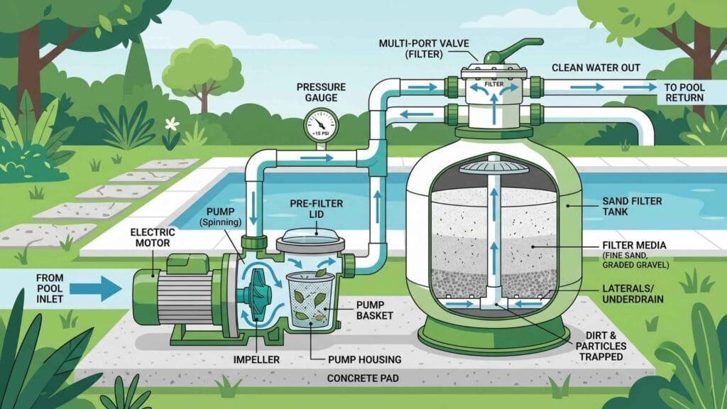 Pool pump and sand filter system diagram