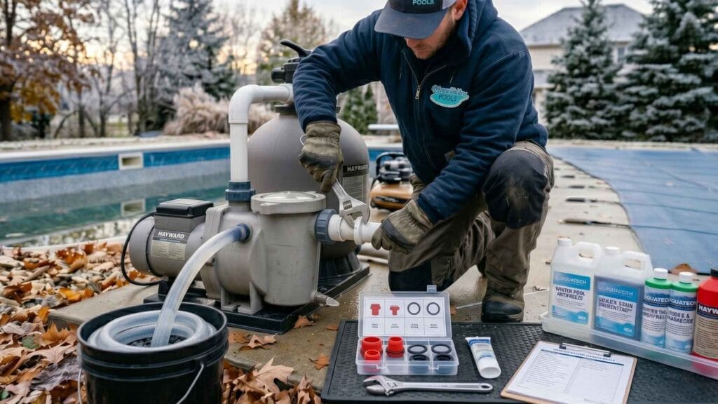 Pool technician draining pump and filter system