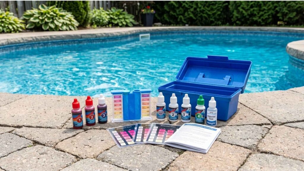Pool water testing kit flat lay on deck