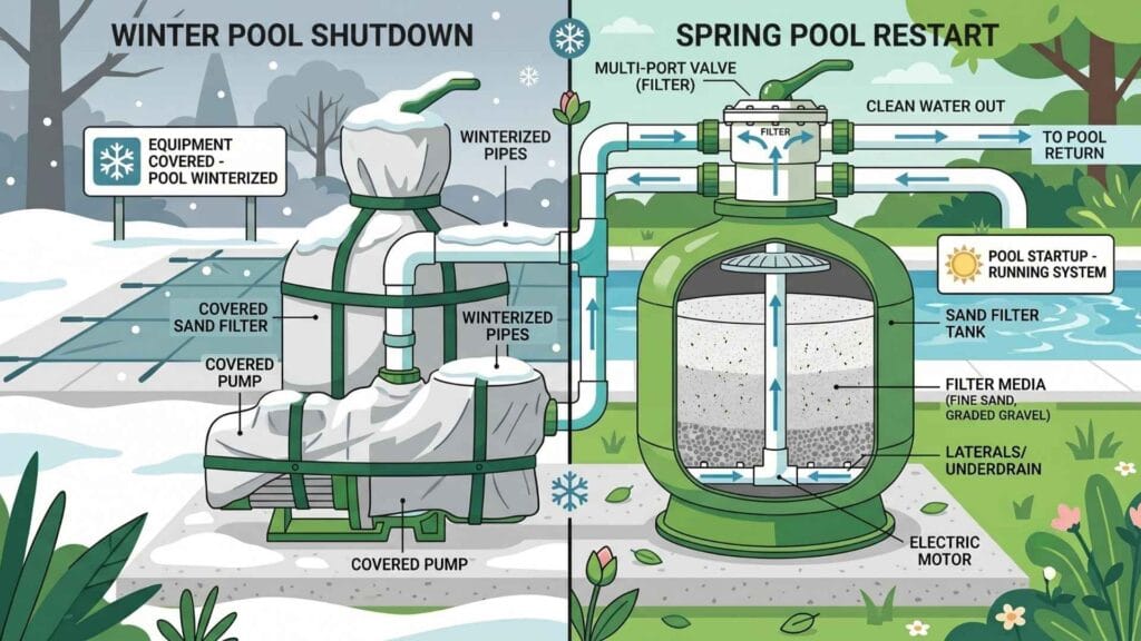 Winterized and spring pool equipment comparison