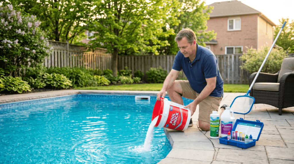 Homeowner balancing pool chemicals after winter during spring pool opening in Ottawa