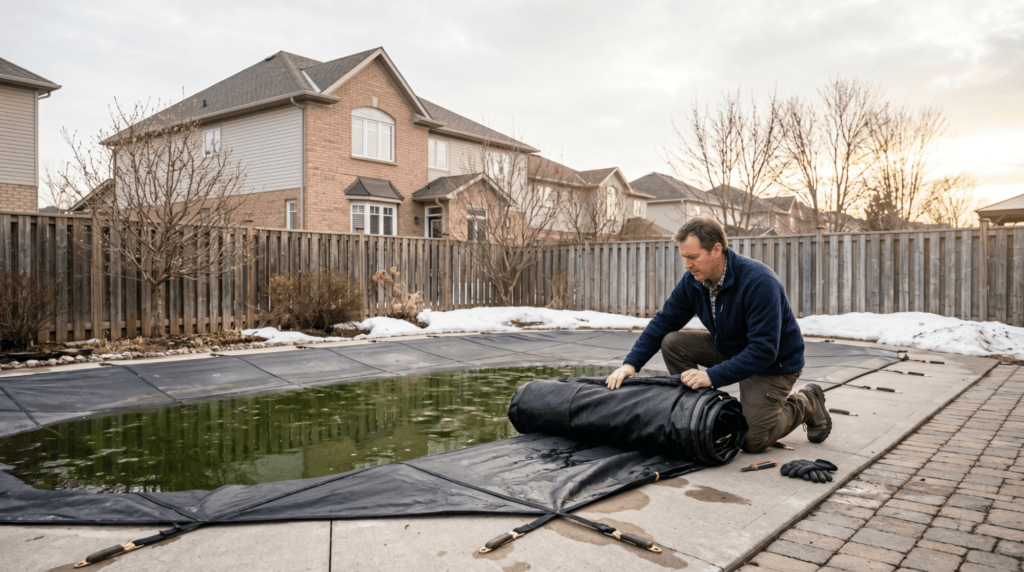 Homeowner removing and cleaning pool cover during spring pool opening in Ottawa