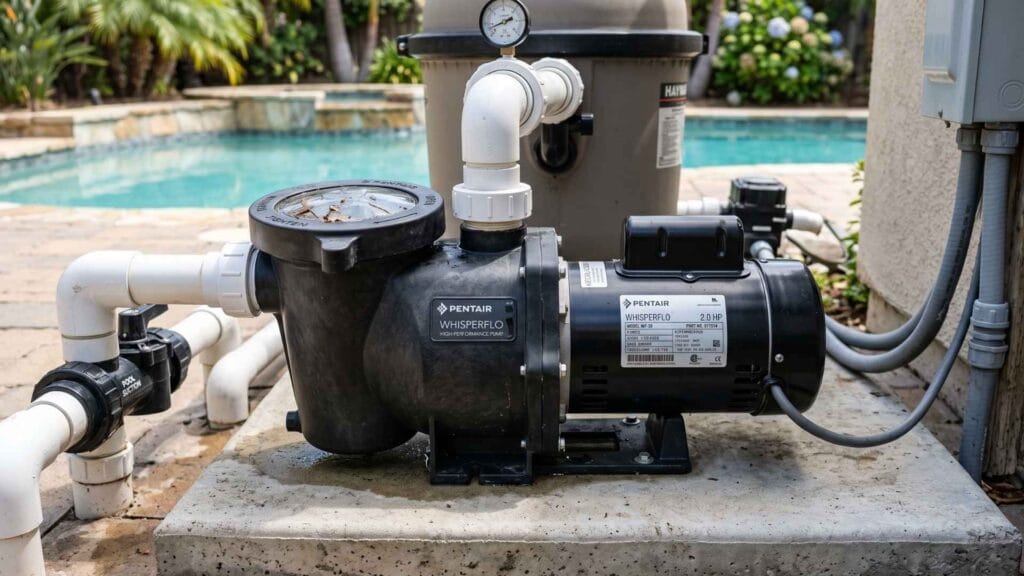 Pool pump and motor on equipment pad