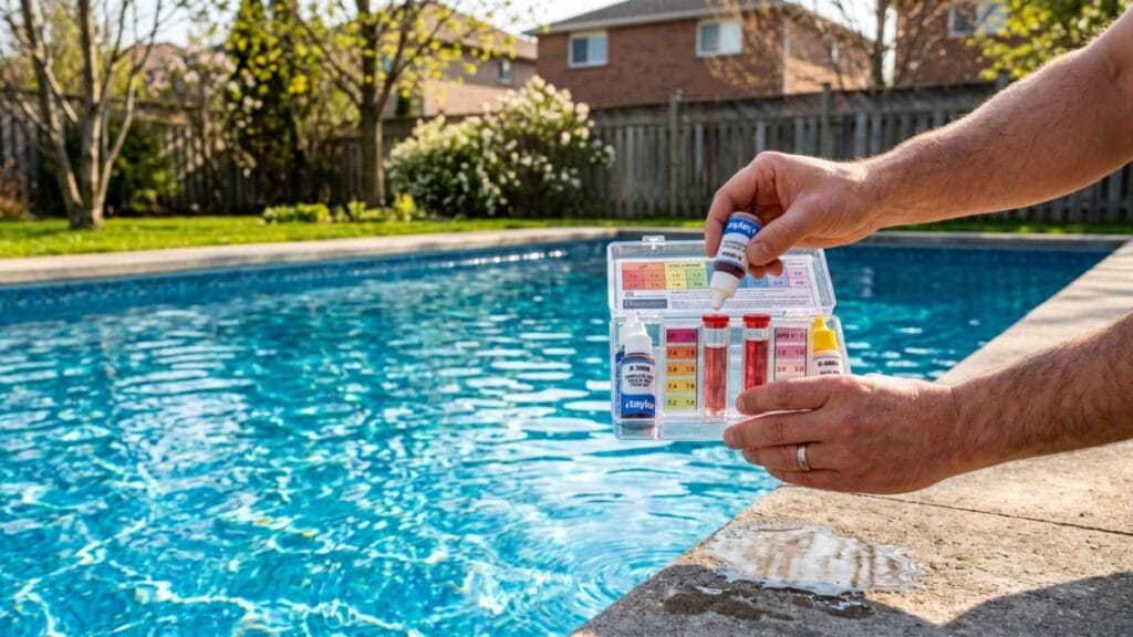 Homeowner testing pool water chemistry with a test kit during spring pool maintenance in Ottawa