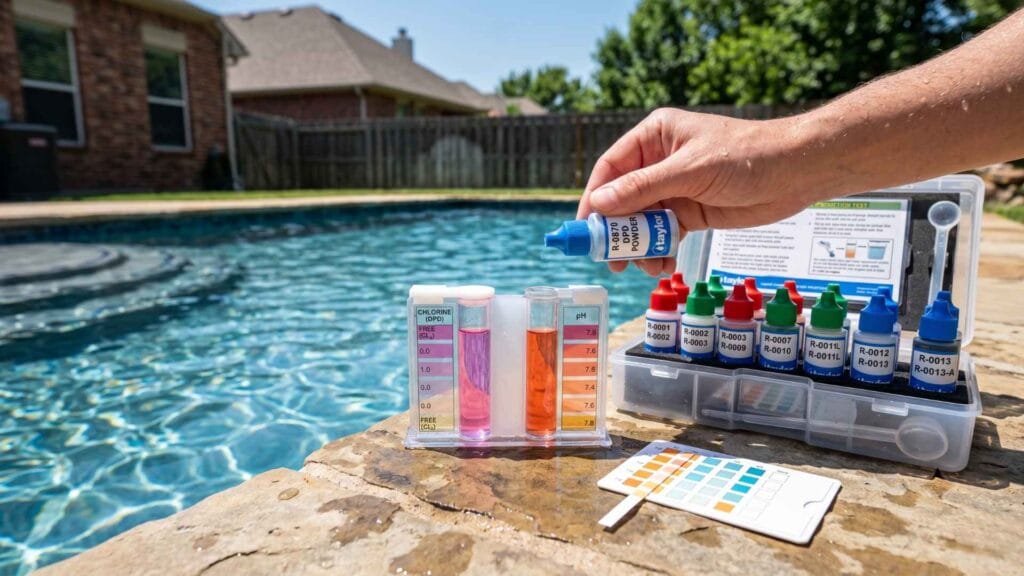 Pool water test kit measuring pH and chlorine