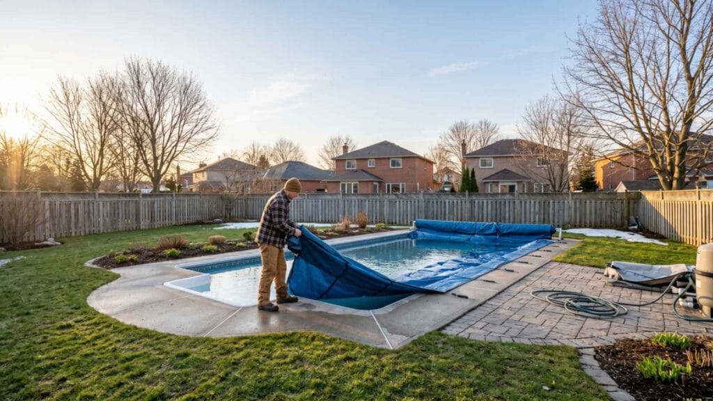 Homeowner removing winter pool cover during spring pool opening in Ottawa backyard